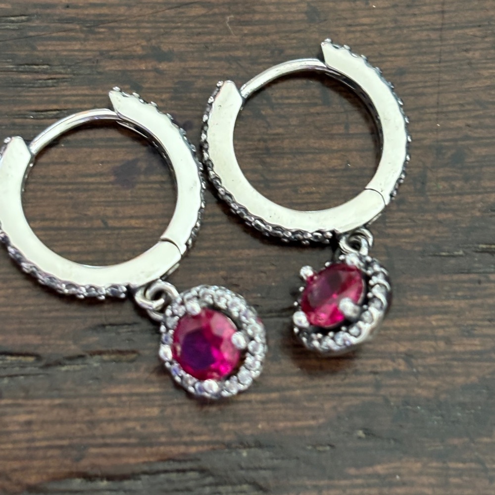 Elegant Silver and Red Gemstone Hoop Earrings